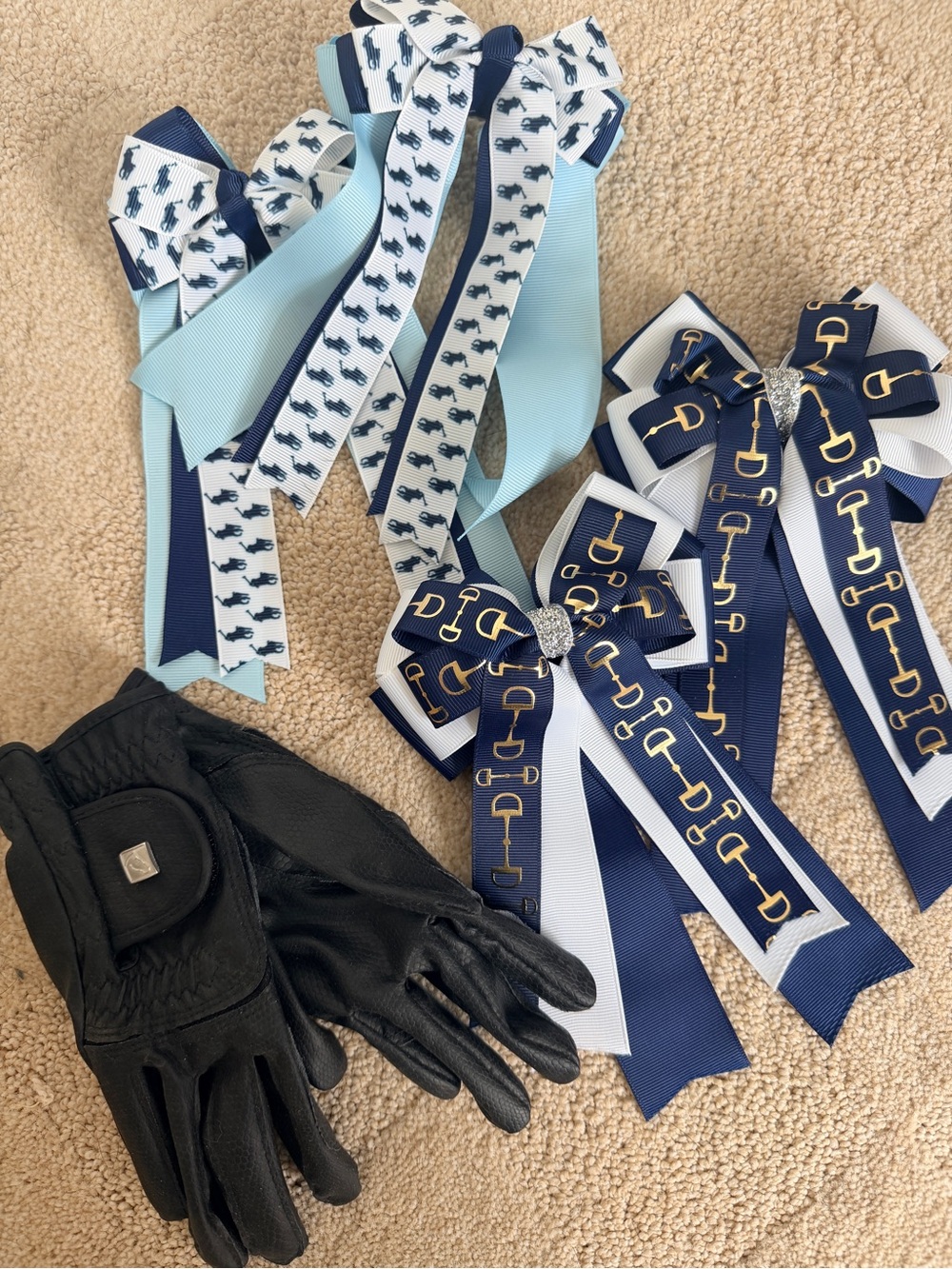 Equestrian riding gloves and 2 sets of Ribbon/ Hair Bows